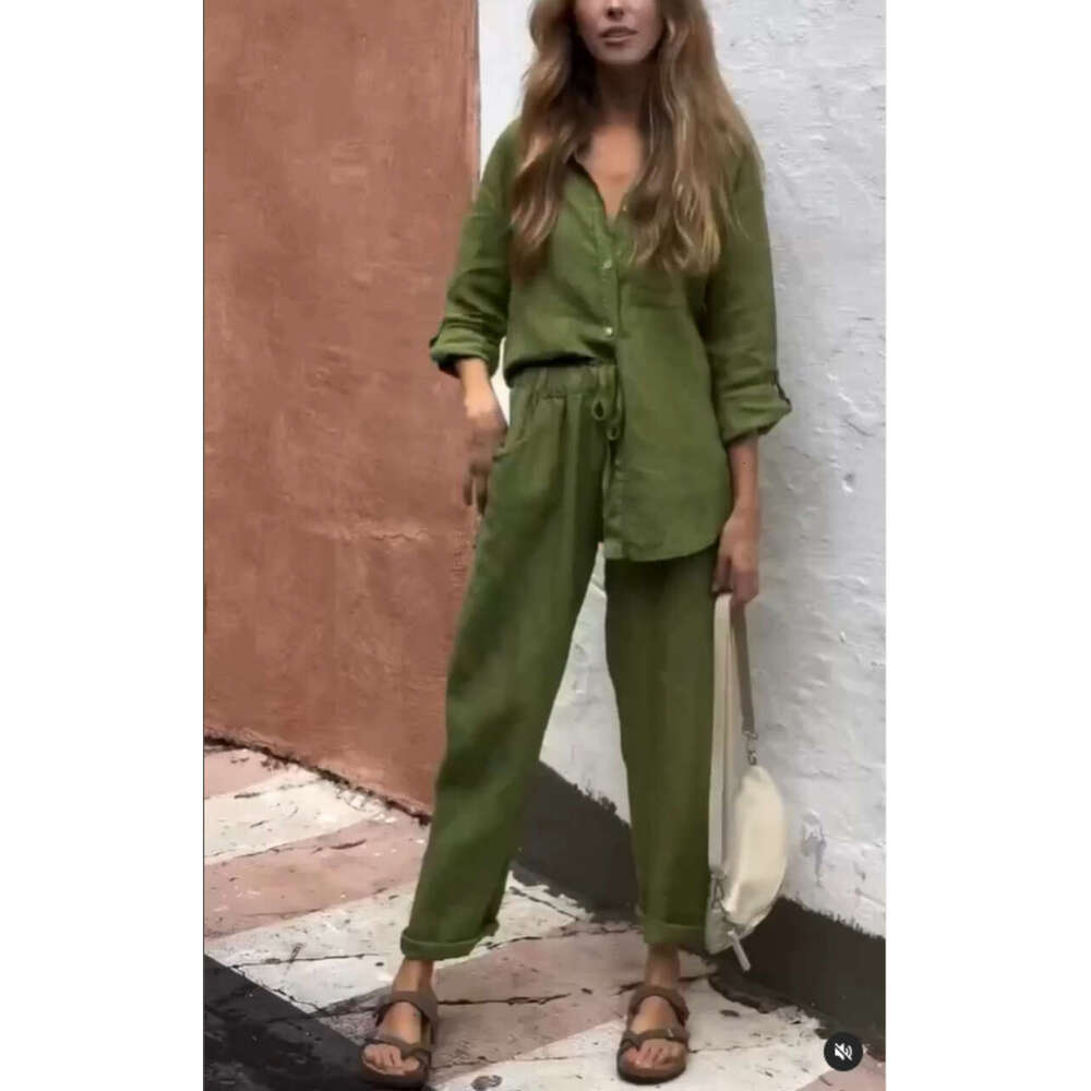 2025 Summer New Women's 2-Piece Set Plus Size Cotton Linen Shirt Suit High Waist Loose Long Pants