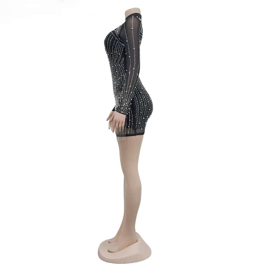 Women Mesh See Though Dias Hot Rhinestones Pearl Tassel Bodycon Midi Dress 2023 Vestidos Sexy Party Evening Dresses