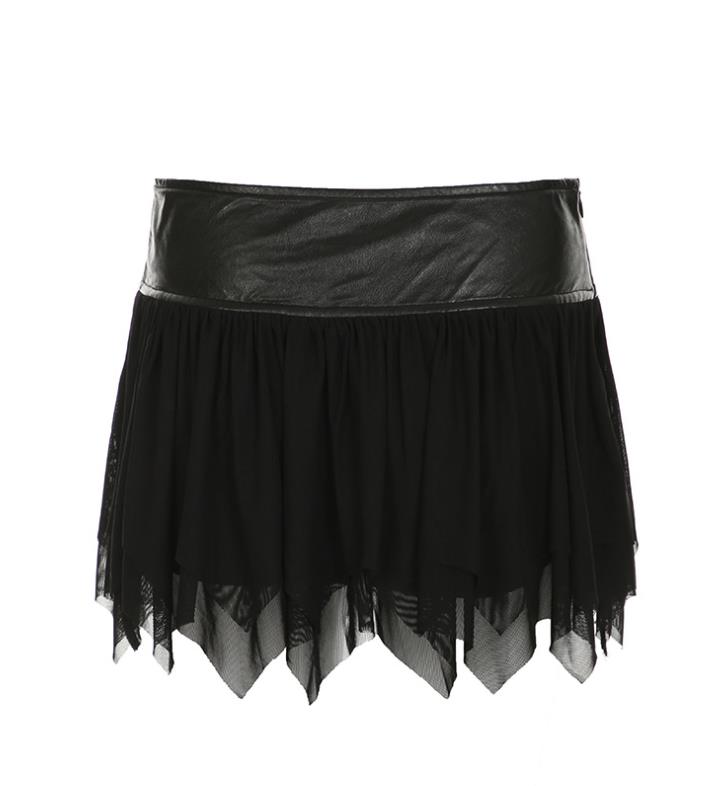 HEYounGIRL Gothic Faux Leather Patchwork Mesh Irregular Hem Skirt Women Punk Style Black Mini with Shorts Under Clubwear 250514