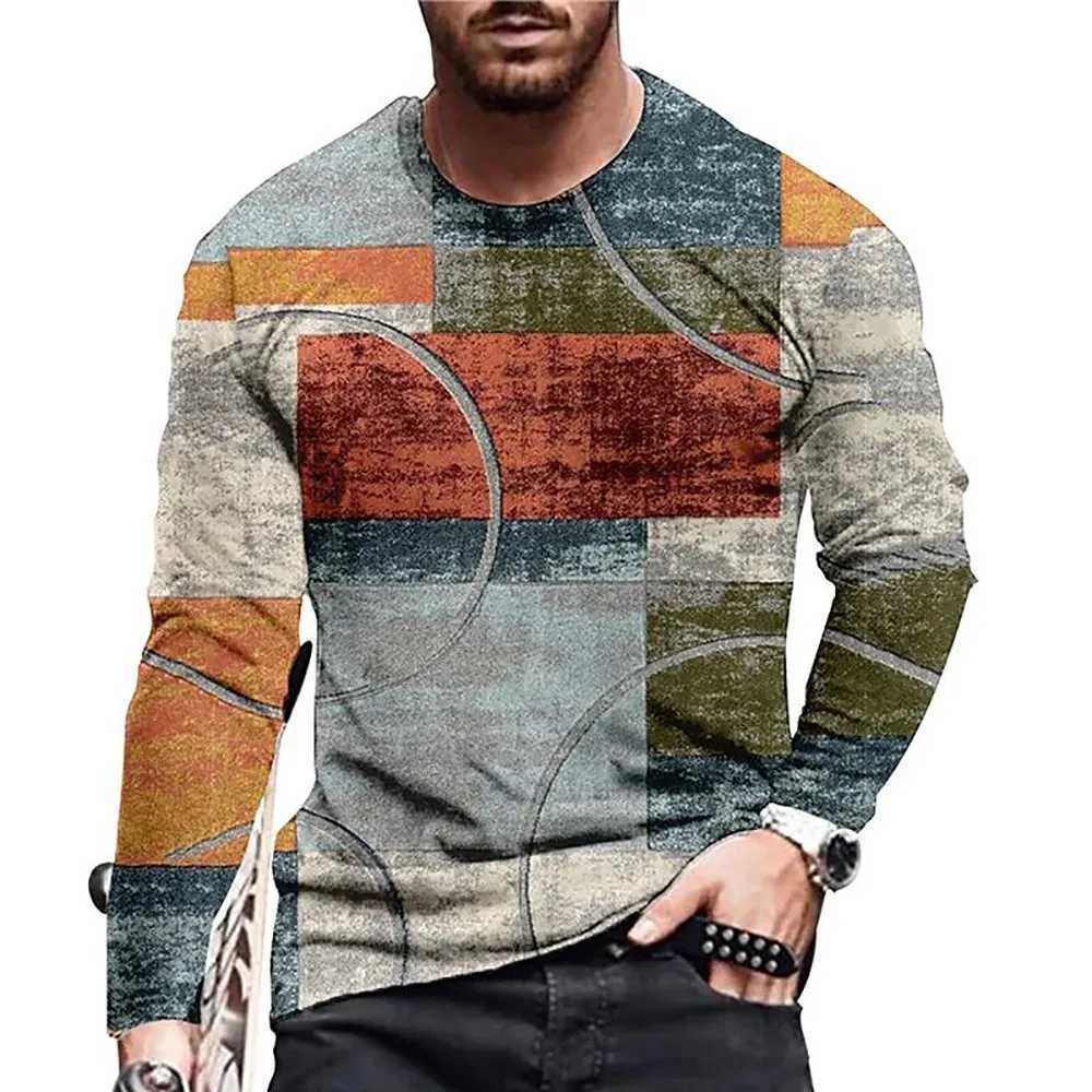 Retro Men Round neck long sleeved variegated T-shirt Color Block 3D Print T-shirts Spring Autumn Loose Casual Top Mens clothing Z250527