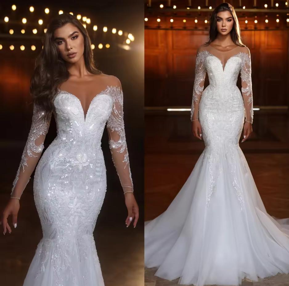 Customized Mermaid Wedding Dresses Sheer Long Sleeve Lace Appliqued Crystal Sequined Gorgeous Bridal Gowns Sweep Train robes de mariee