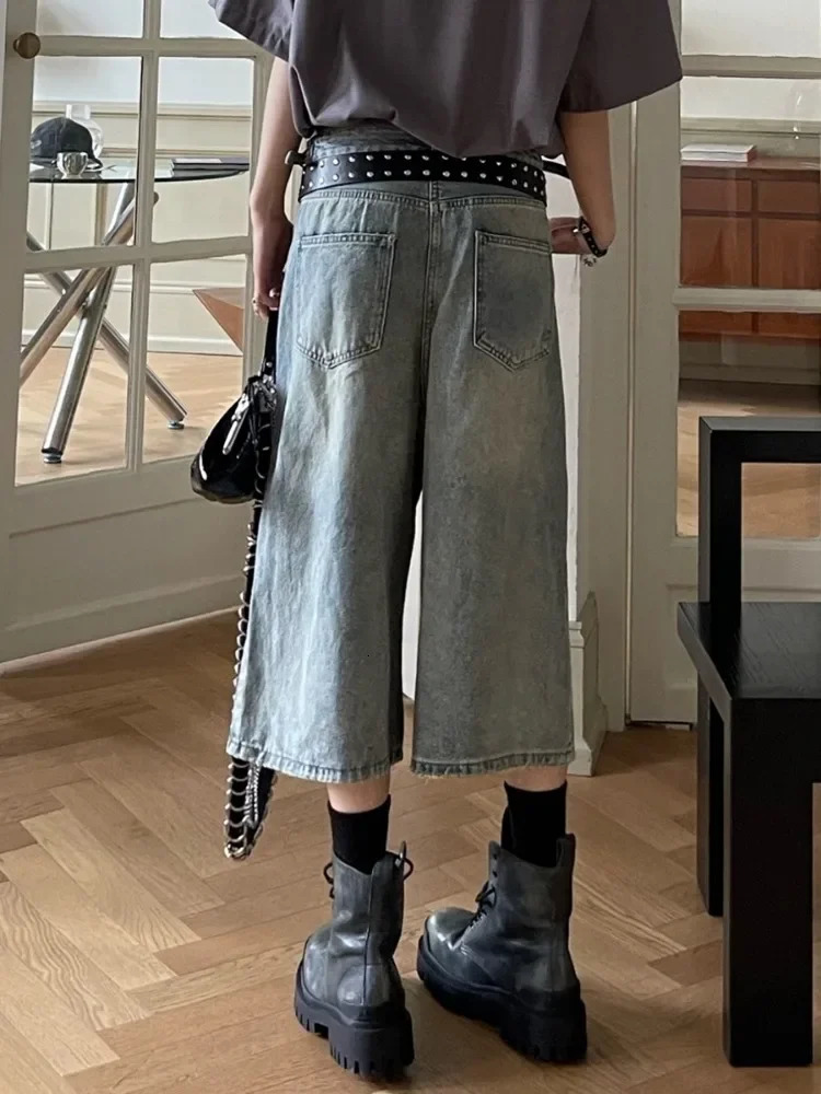 HOUZHOU Vintage Blue Ripped Short Jean Oversized Distressed Jorts Y2k Grunge Baggy Boyfriend Denim Shorts Wide Streetwear 250516Z