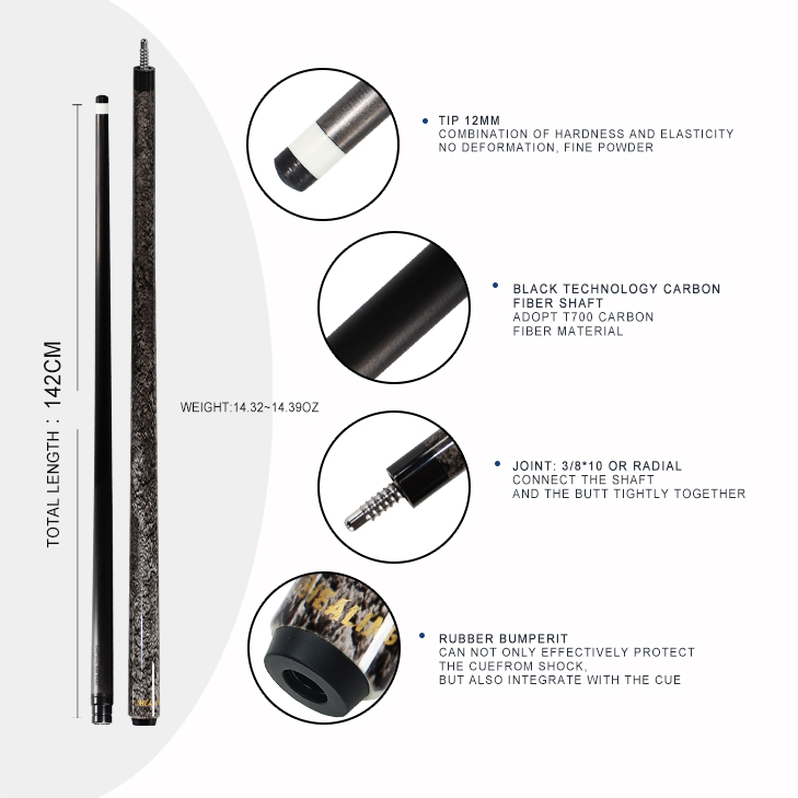 OKHEALING 12mm Tip Diameter Pool Cue Gray Quicksand 1/2 Split Play Cue Carbon Fiber Billiard Cue Radial Pin Joint Pool Cue Stick