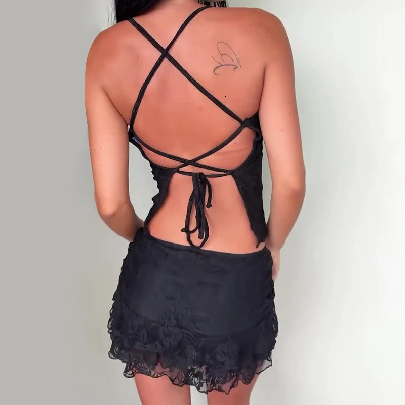 Rockmore Floral Lace Mesh Sheer Camis Vintage Spaghetti Strap Top Women Summer Sleeveless Vest Y2K Fairycore Backless Crop Tops 250523