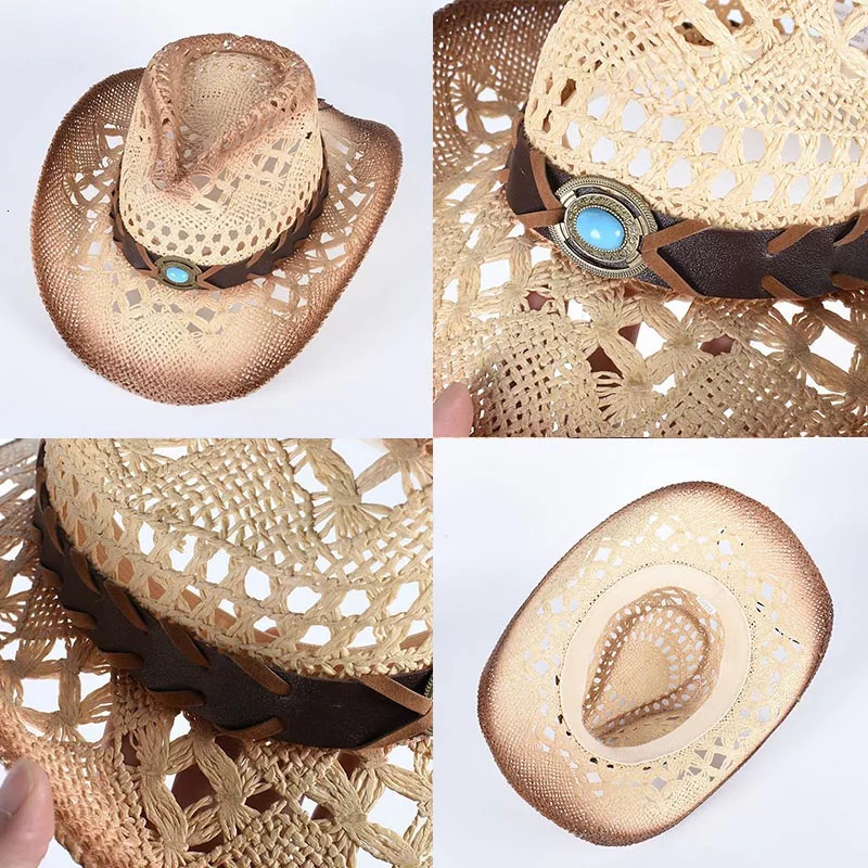 Summer Western Cowboy Hat Woman Men 2025 Adult Vintage Ladies Beach Straw Sun Hat Cowgirl Cap Wide Brim Jeans Hats 250526
