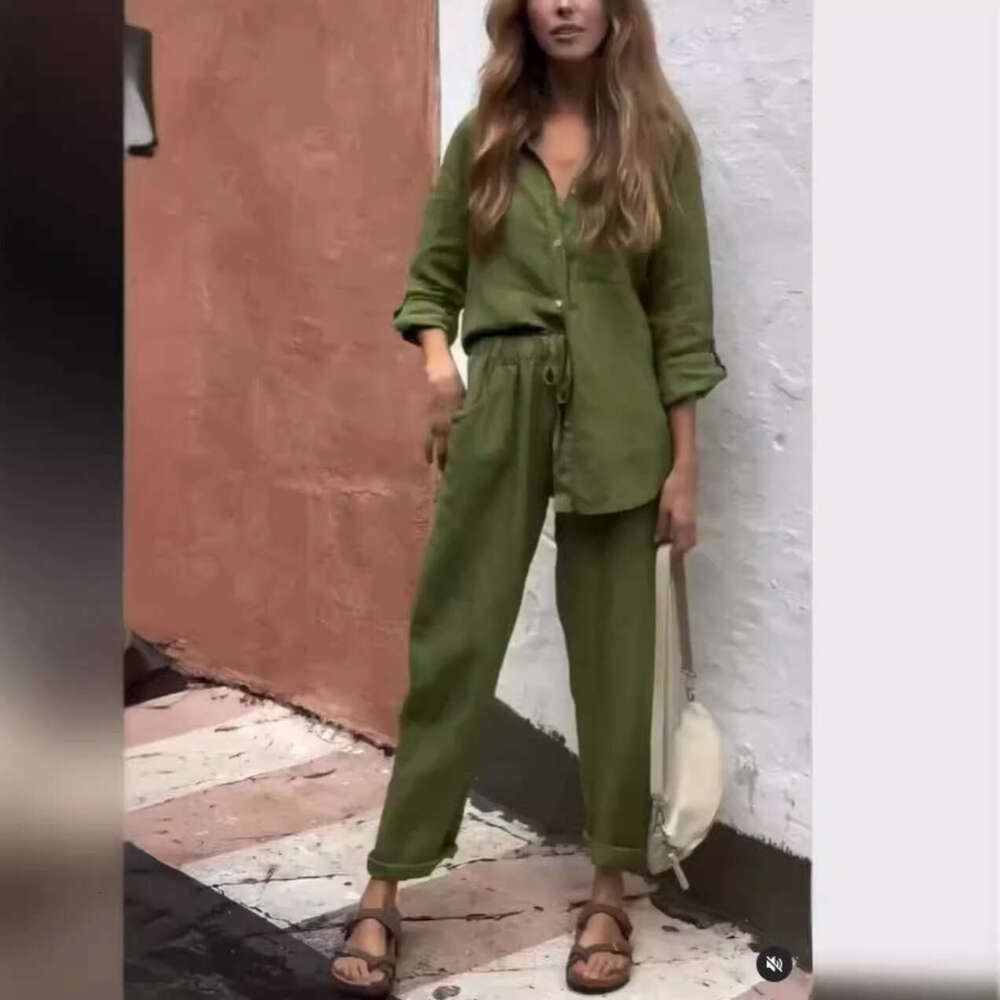 2025 Summer New Women's 2-Piece Set Plus Size Cotton Linen Shirt Suit High Waist Loose Long Pants