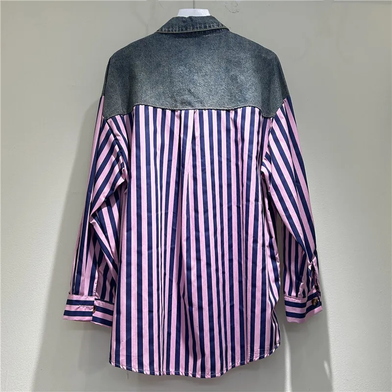 WTHT Womens Patchwork Denim Striped Shirt Winter Trendy Double Zipper n Long Sleeves Blouse Female 1LS638 250523