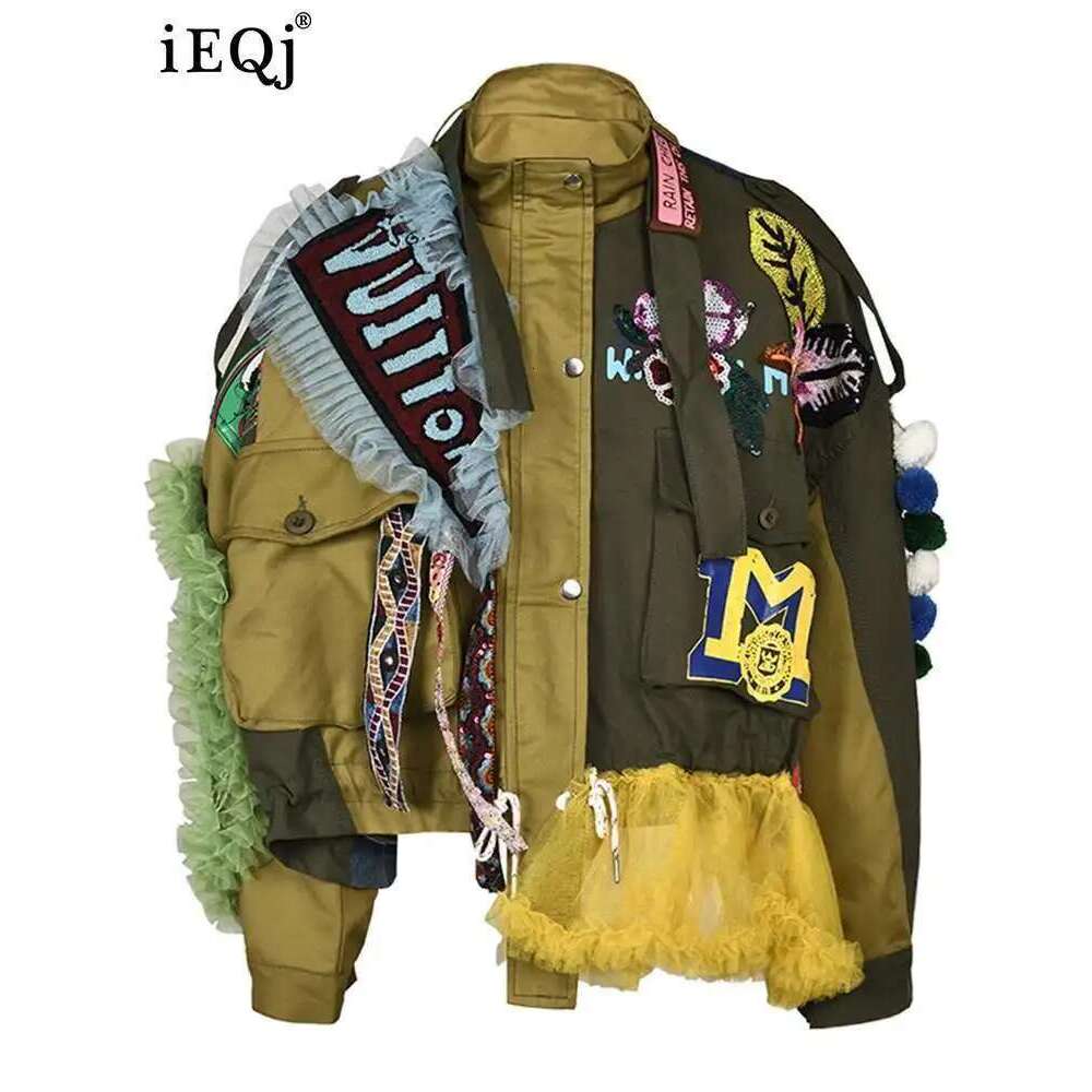 IEQJ Street Style Embroidery Lace Spliced Contrast Color Irregular Jackets For Women 2023 Spring Long Sleeve Loose Coat Cp1128