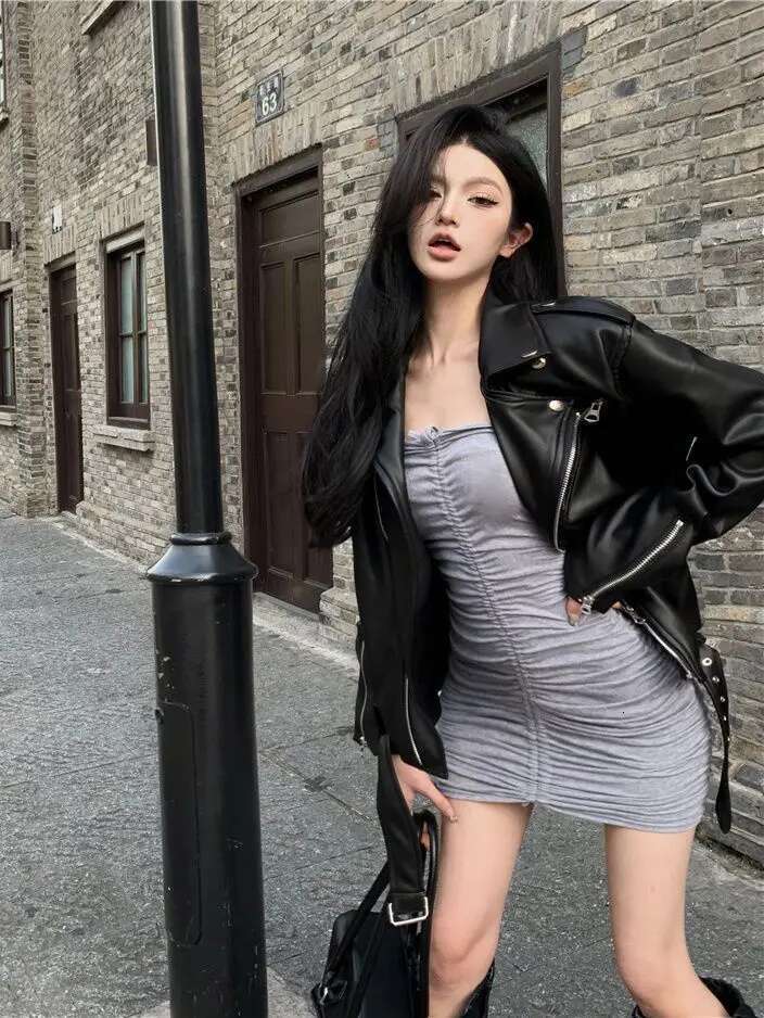 Y2k Fashion Americantrend PU And Coat Women Street Hip Hop Loose Zipper Unisex Motorcycle Leather Jacket