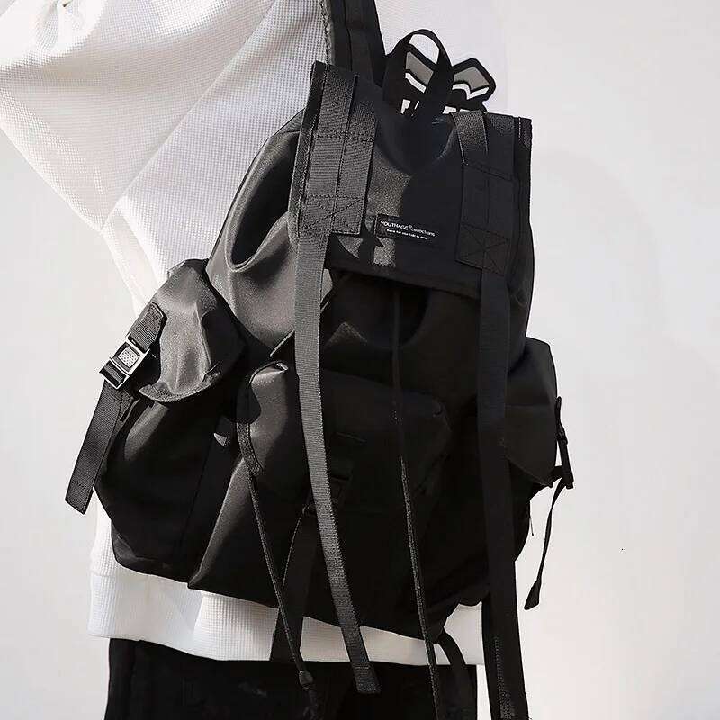 Tactical Techwear Hip Hop Backpack Men Women Outdoor Casual Motorcycle Waterproof Ribbons Drawstring School Bags Mochila