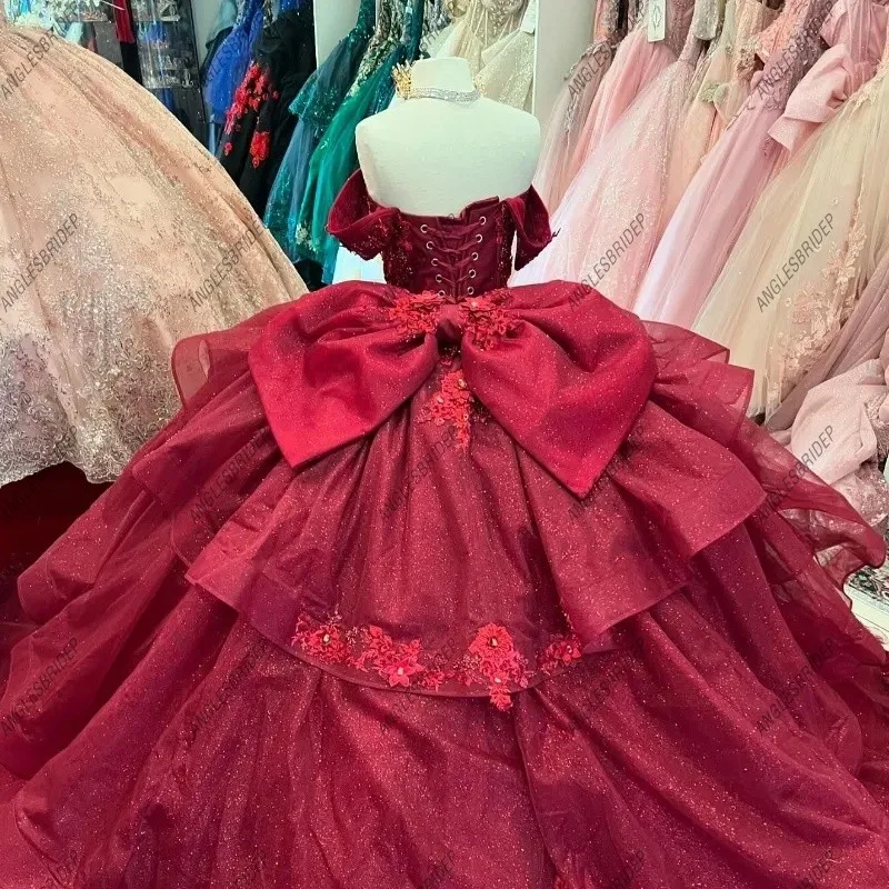Sparkly Burgundy Quinceanera Dresses Off Shoulder Appliques Lace Beading Ball Gown Tull Tiered Birthday Party Vestidos 15 Anos Bow Back