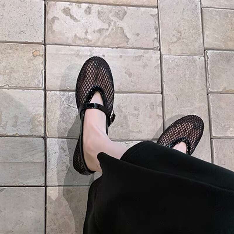 French Style Hollow Mesh Sandals for Women Summer Outdoor Round Toe Flat Ballet One-Strap Shallow Mouth Mary Jane Single Shoes