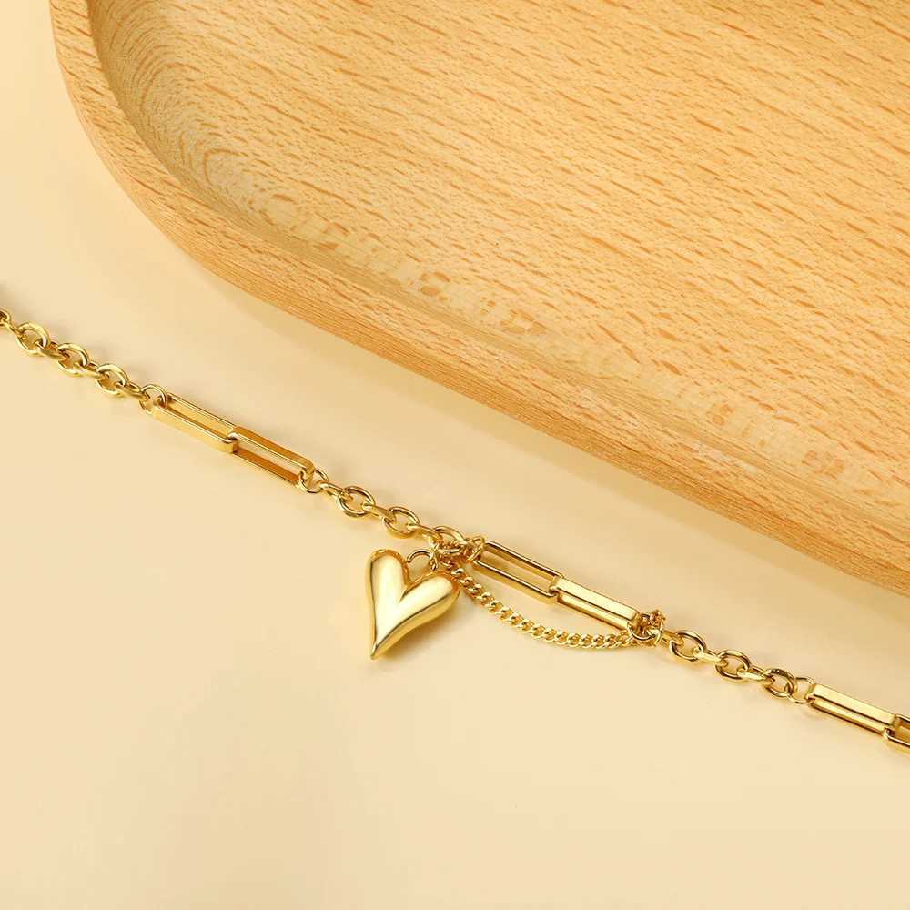 LUXUSTEEL Trendy Stainless Steel Heart Double Layered Bracelet For Women Girls Golden Plated Metal Charm Bangle Korean Jewelry W250526