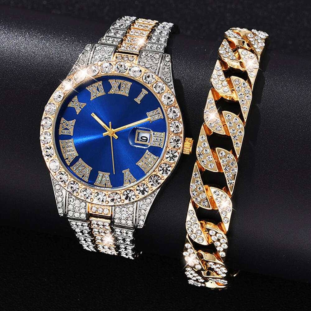 New Hip-Hop Full Diamond Fashion Business Men's Quartz Watch Bracelet Set with Inlaid Diamonds Chronograph