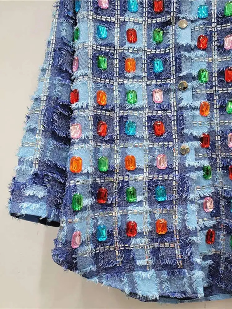 DEAT Womens Denim Shirt Loose Patchwork Plaid Burrs Edge Colored Diamond Single Breasted Blouse Summer Fashion 29L6604 250523