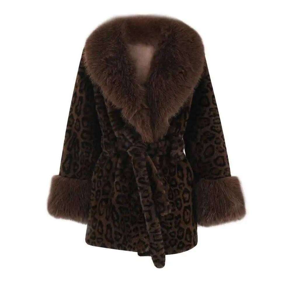 EAM Brown Leoppard Print Big Size Faux Fur Jacket New Lapel Long Sleeve Women Coat Fashion Autumn Spring 2025 CPG2454