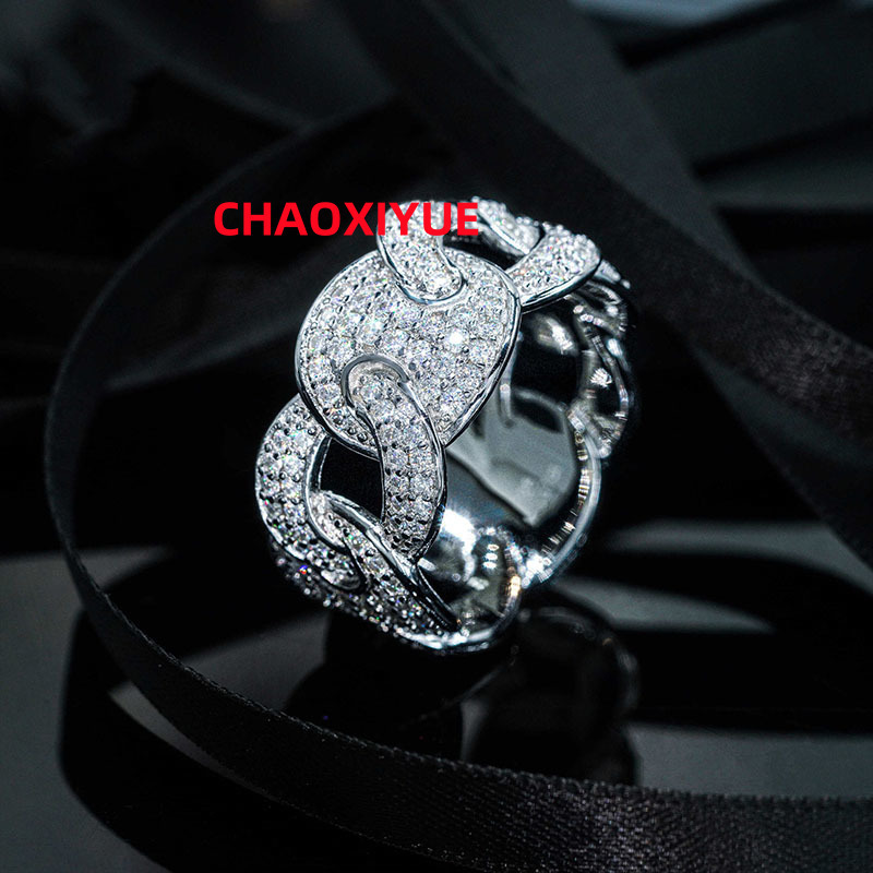 Fashion Hip Hop Moissanite Cuban Chain Ring Full of Inlaid Moissanite Electroplating Real Gold tide Mens Ring