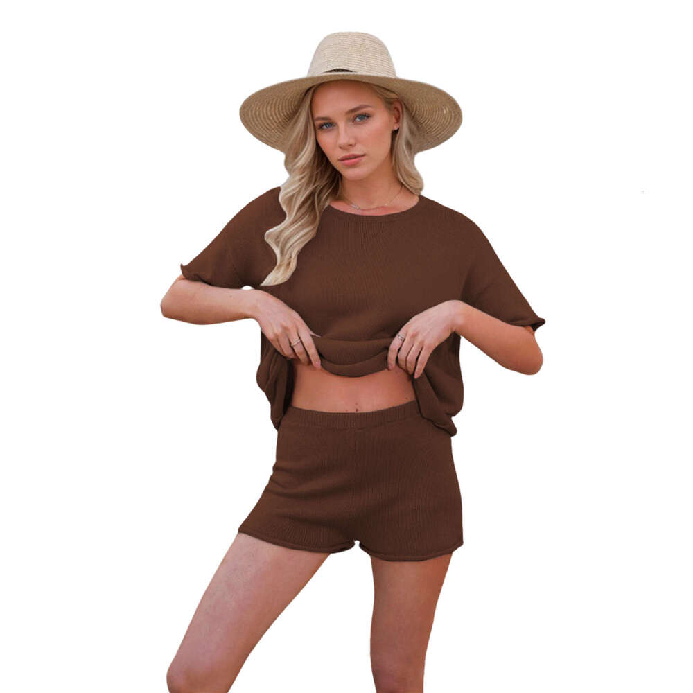 2025 New Summer Women's Loose Round Neck Casual Short Sleeve Shorts Set Knit Top