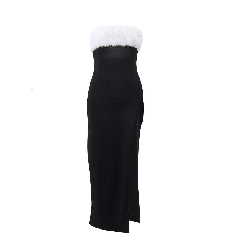 2022 Winter Sexy Hot Girl Off-Shoulder Furry Tube Top Slit Dress for Women