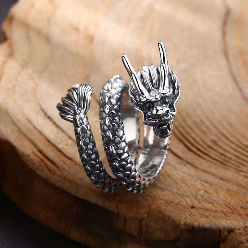 Wholesale S Sterling Sier Dragon Ring Vintage Punk Hip Hop Jewelry Open Adjustable Band for Men and Women