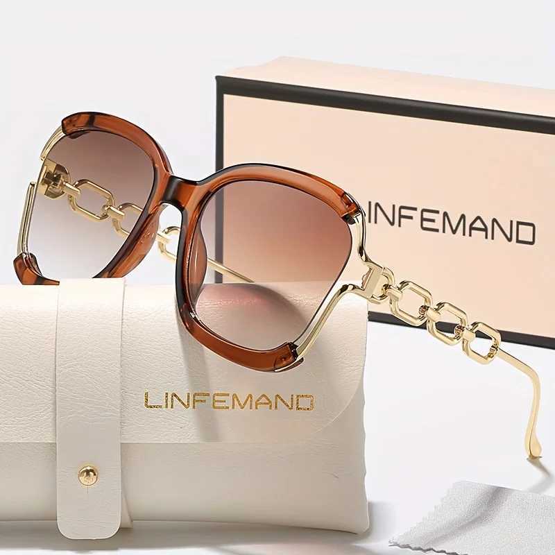 LINFEMAND Classic Half Frame Metal Chain Design Fashion Sunglasses Womens Large Frame Decorative Glasses Summer Festival Gift Z250527
