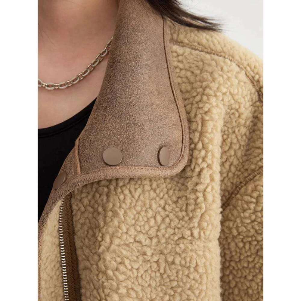 Reddachic Korean Reversible Bomber Jacket Women Work Casual Drawstring Brown Leather Fleece Oversize Coat Retro Winter Outerwear