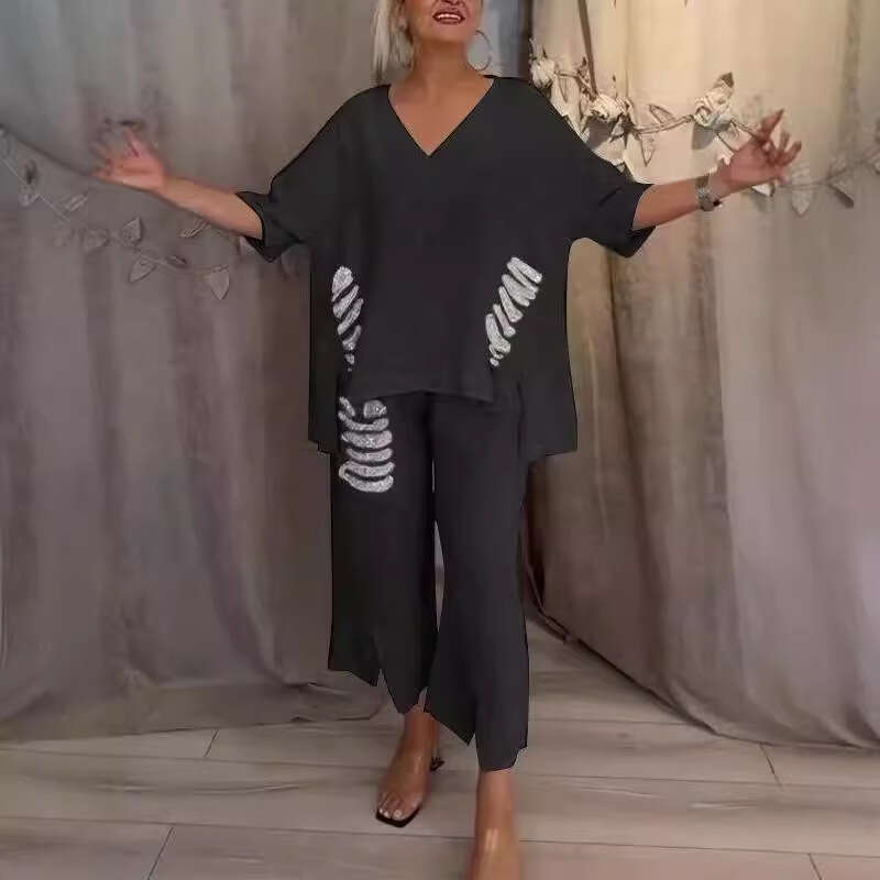 2025 Summer_Women's Casual Cotton Linen V-neck Top with Distressed Sequins Irregular Set