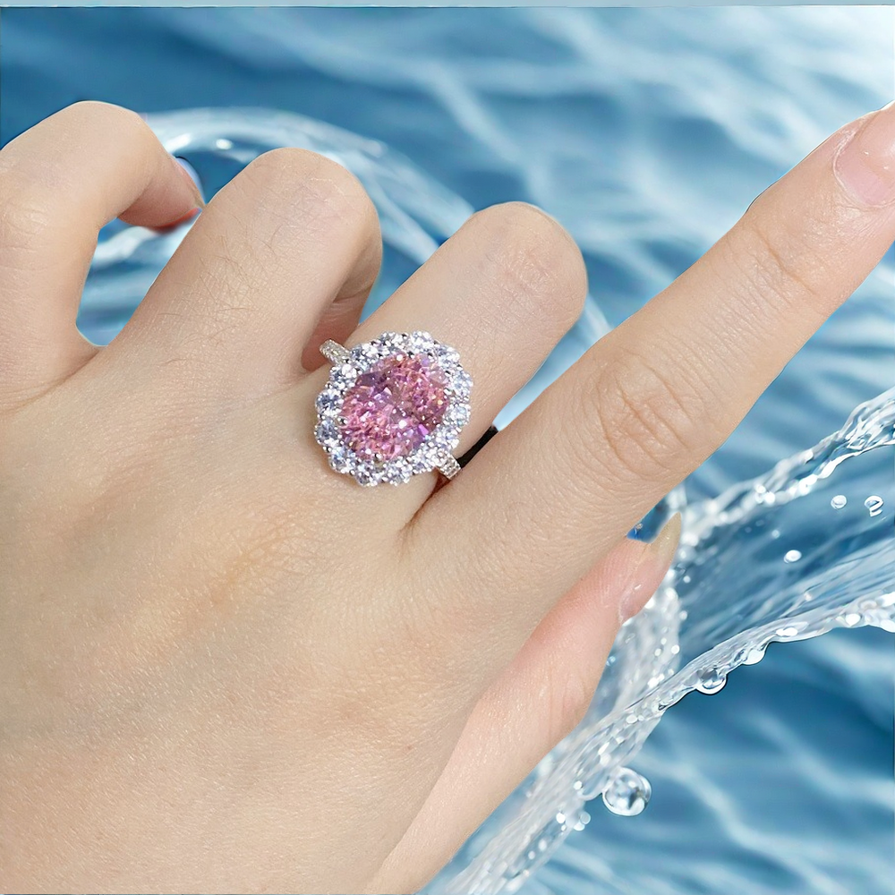 8CT pigeon egg S925 sterling silver ring trendy unique women's flower-shaped high carbon diamond sapphire crystal pink ring best proposal, birthd