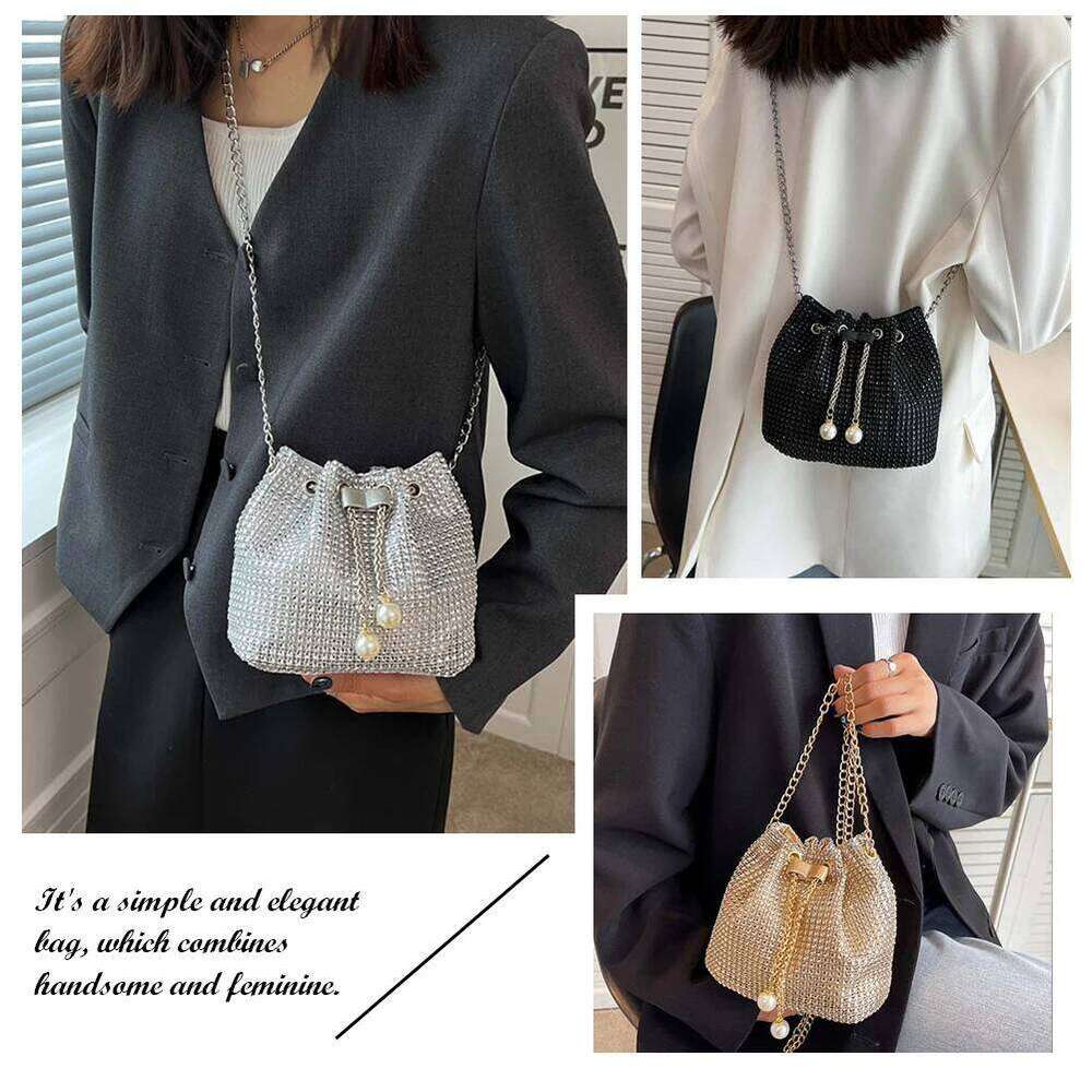Women Chain Crossbody Solid Color Rhinestone Glittering Satchel Drawstring Shinny Sling Purse Dinner Party Bag