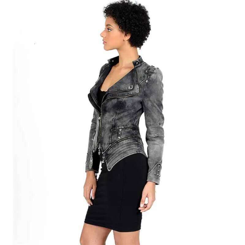 New Fashion Rivet Zipper Denim Jacket Women's Slim Motorcycle Jeans Outerwear Lapel Female Top Short Coat There Lining G408