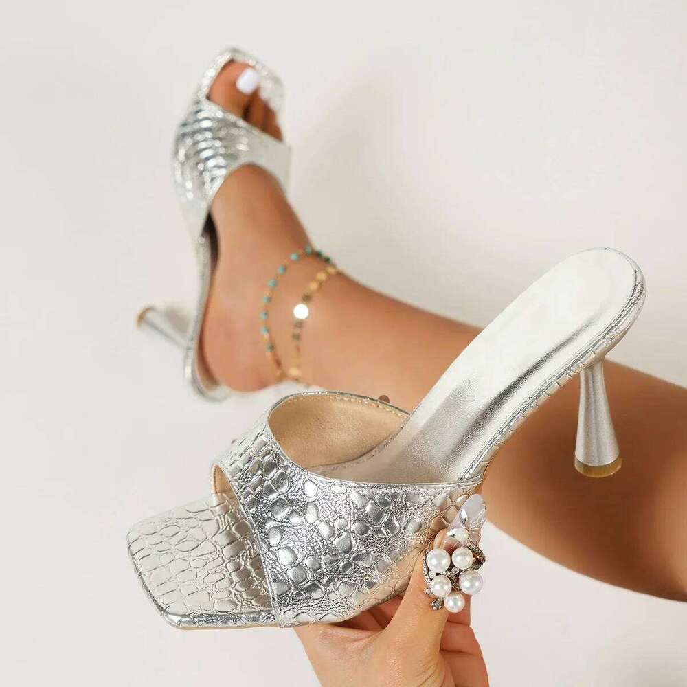 Summer Rhinestone New Woman Designer Sexy High Heels Shoes Gold Sier Women Slippers Heeled Sandals
