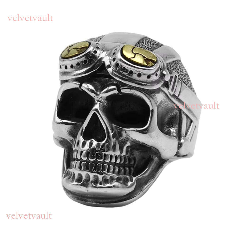 Personalized Biker for Men Genuine Sterling Sier Skull Head With Pilot Glass Mens Rings Resizable Vintage Punk