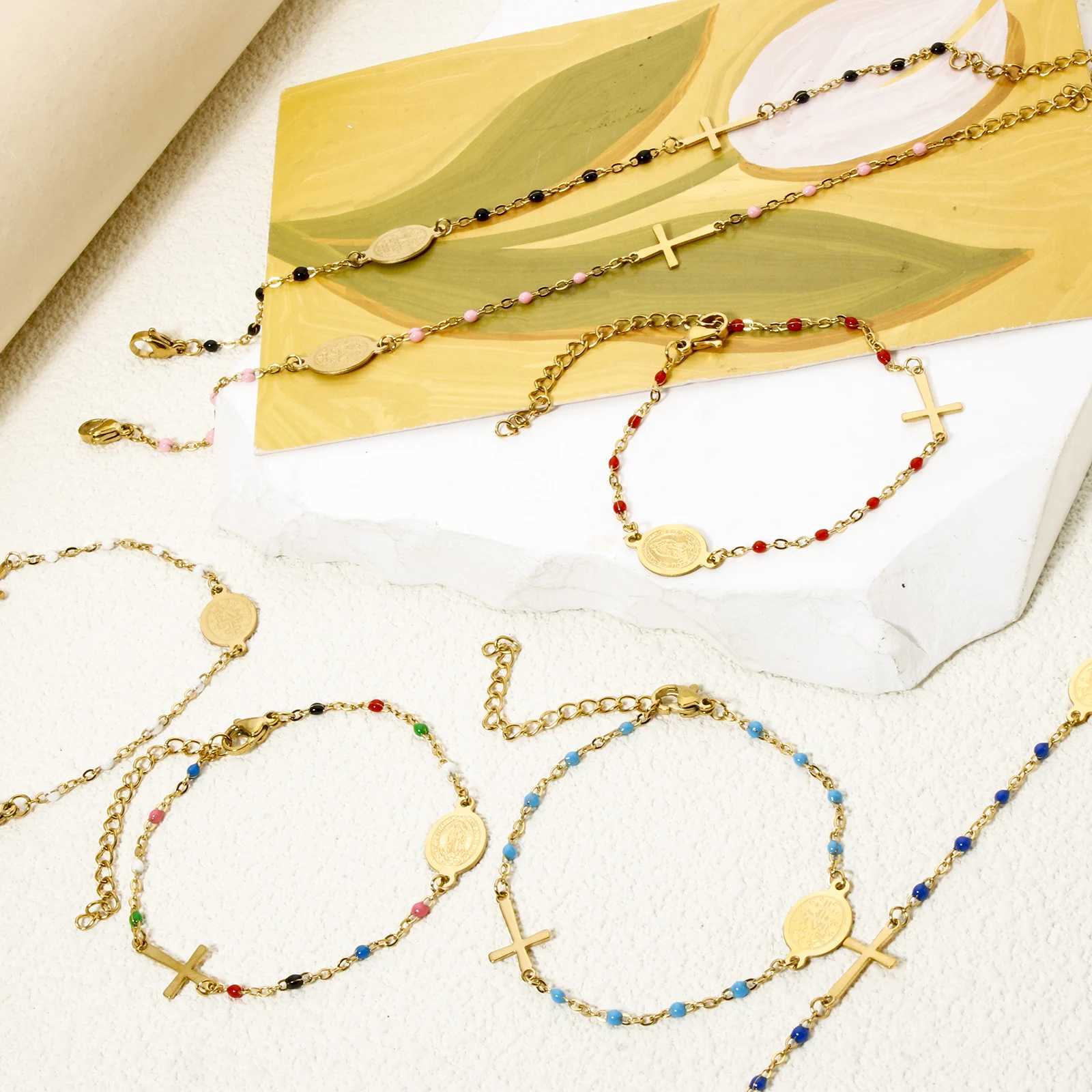 New Cross Virgin Mary Link Cable Chain Bracelets Women Jewelry 18K Gold Plated Stainless Steel Bracelet Gift For Her 17cm W250526