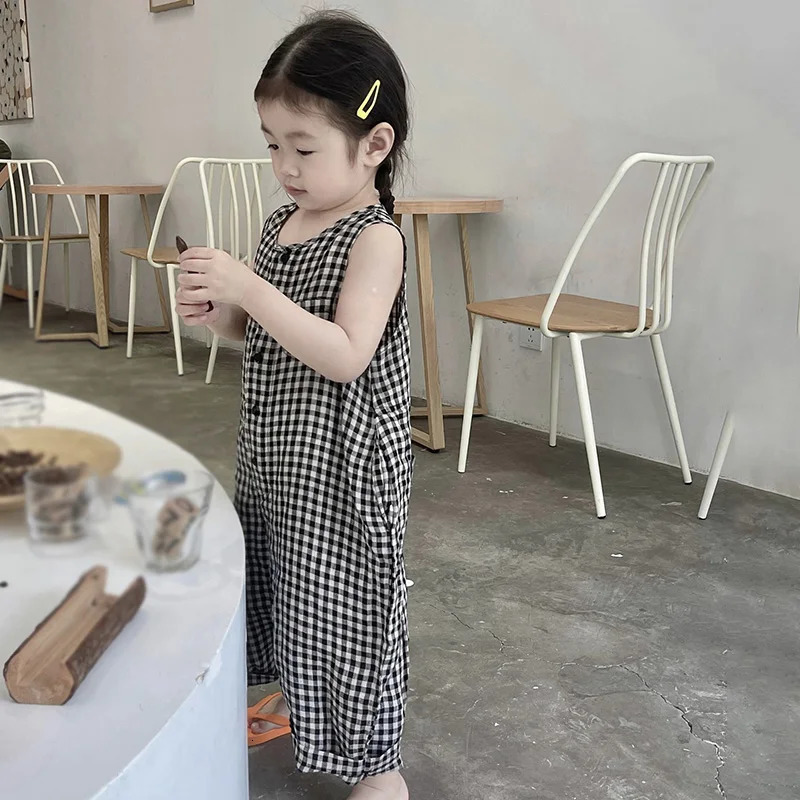 Summer 38T Girls Round Neck Black White Plaid Sleeveless Vest Jumpsuit Casual Loose Romper Wide Leg Pants 250527