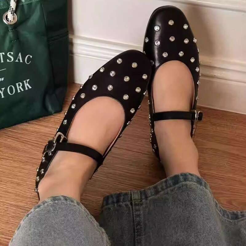 2025 Spring/Summer New Fashion Versatile One-Strap Studded Buckle Genuine Leather Soft Mary Jane Ballet Flats for Women