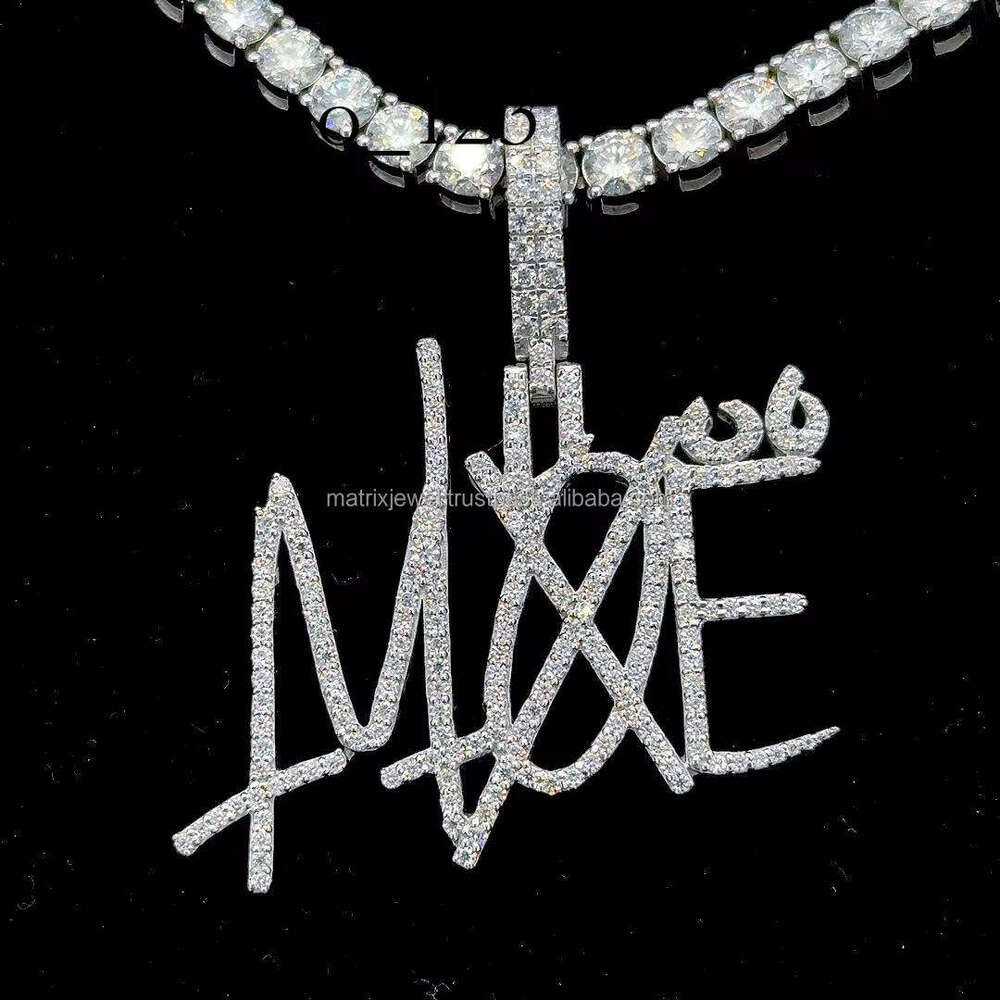 Classic Single Layer Name pendant Iced Out in Sterling Sier white plated Round Cut Moissanite Dias Pendant