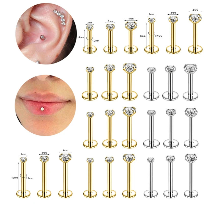 10Pcs Silver Gold Color 16G Stainless Steel Labret Lip Stud 2/3/4MM CZ Crystal Helix Cartilage Tragus Earring Cartilage Piercing 250526