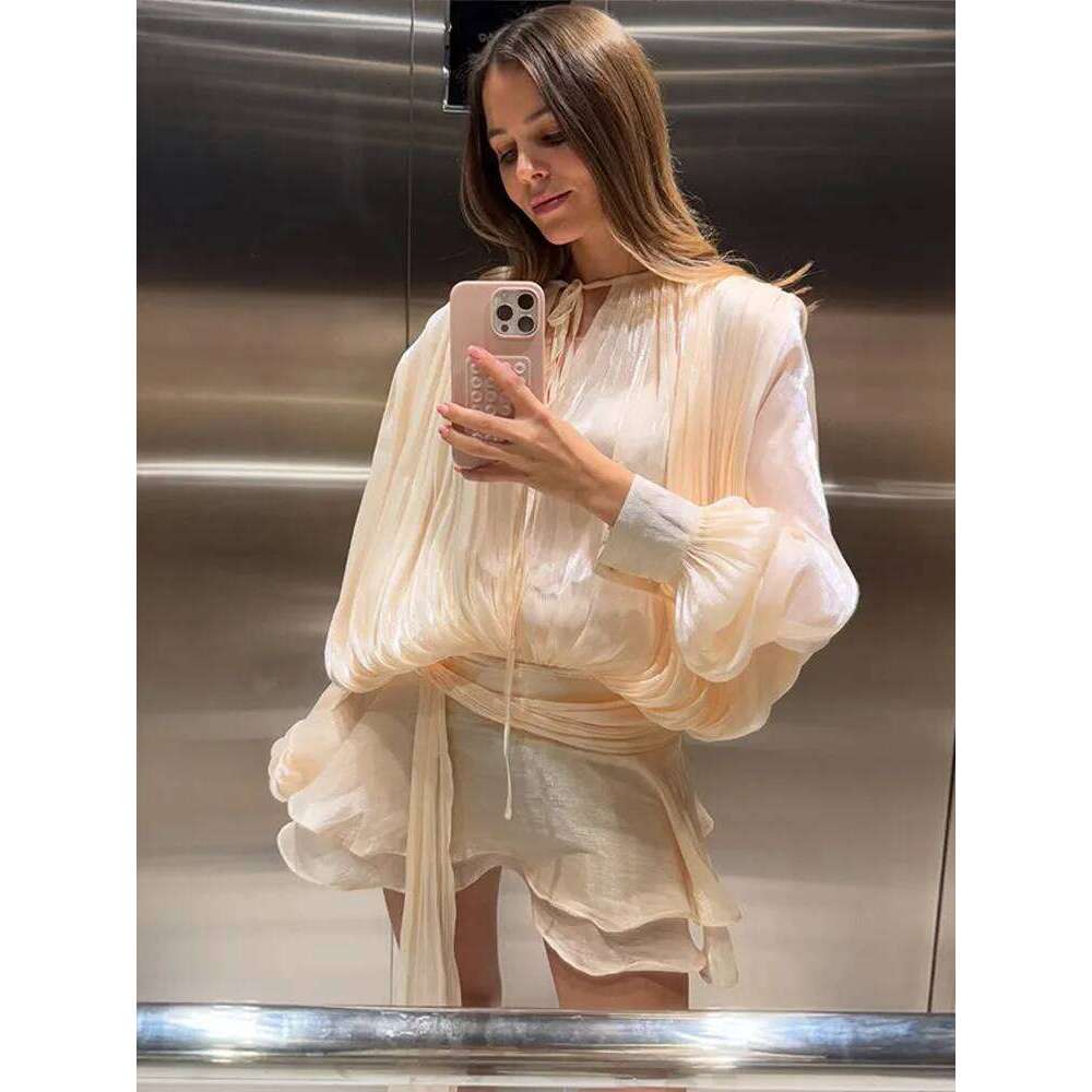 Hot Tight Dresses Stunning Shiny Ruffles Lace Up Mini Dress Women S Chic Loose Hollow Out A Line Pleated Vestidos Lady Summer Party Gowns New Casual K