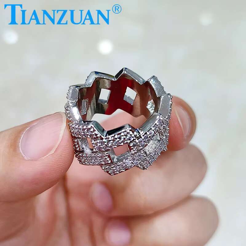 14mm Sterling 925 Silver Two Rows Solid Hip Hop Moissanite Ring Men Women Round Brilliant Diamonds Engagement Male Jewelry