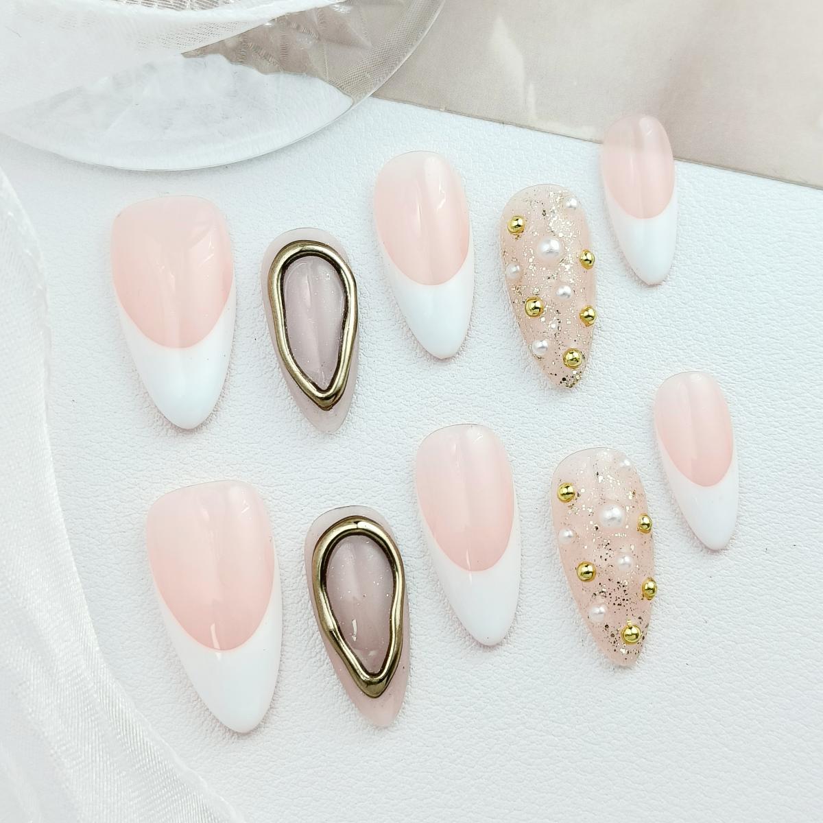 10pcs French Tip Handmade Press-on nails Medium Almond Nails 3D Hand drawn Fake nails Classic Sweet Finished nail stickers Free storage box jelly glue