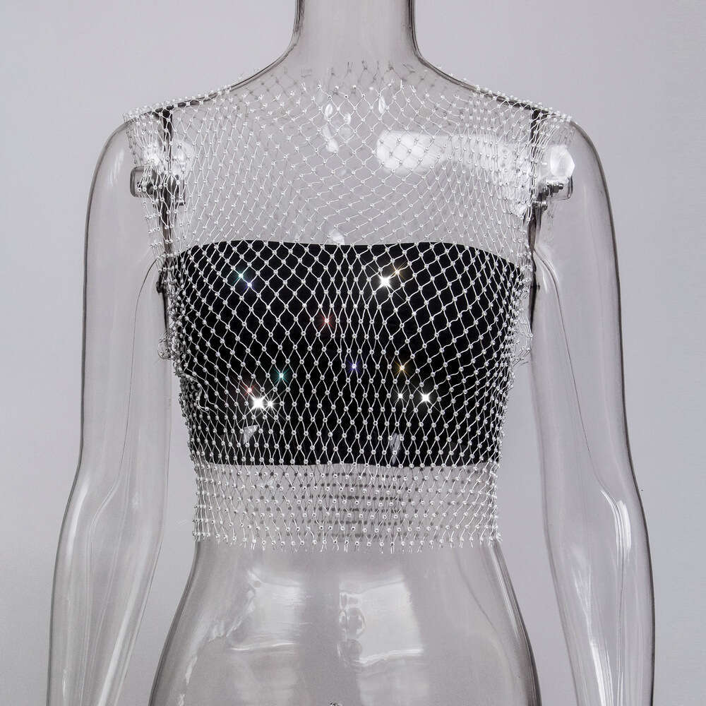 Sexy Nightclub Women's Fishnet Hollow Out Vest Mesh Sparkling Rhinestone Camisole Top for Women