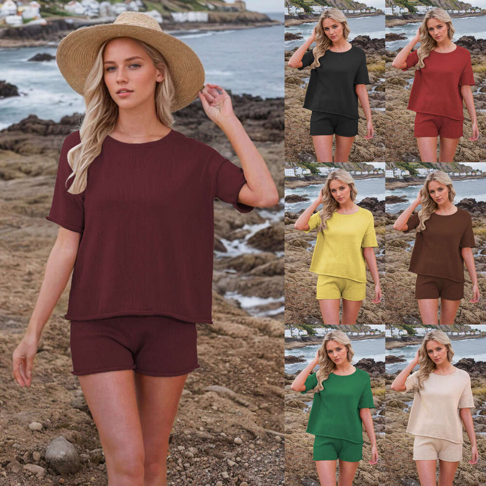 2025 New Summer Women's Loose Round Neck Casual Short Sleeve Shorts Set Knit Top