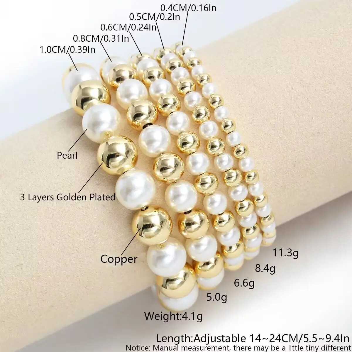 SUNSLL 10/8/6/4MM Pearl Beads Bracelets Minimalist Gold Plated Unisex Classic Adjustable Banquet Jewelry Gifts Women Girl W250526