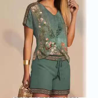 2025 Summer Women's Casual Fashion Printed Comfortable V-neck Top + Shorts Two-piece Set