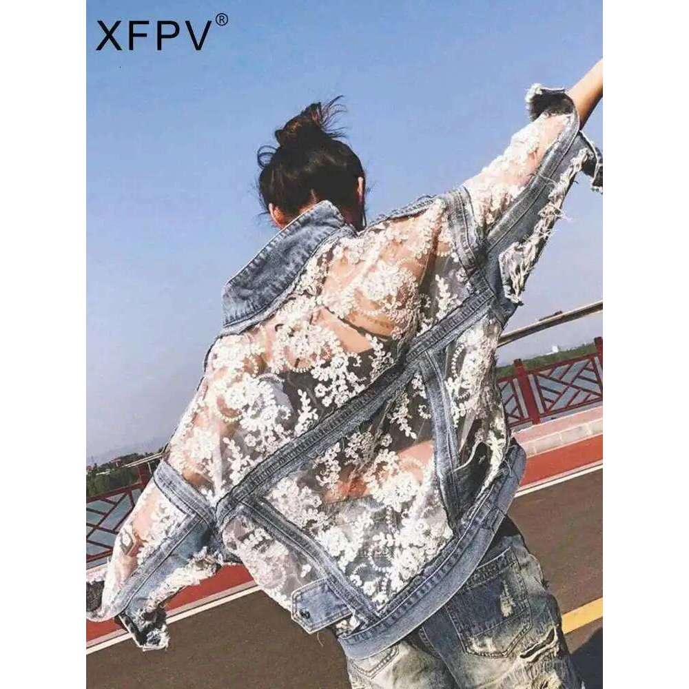 XFPV Women Sweet 3D Flower Embroidered Lace Spliced Loose Short Denim Sunscreen Coat Y2k Korean Fashion Tide Summer 2025 Sm11222