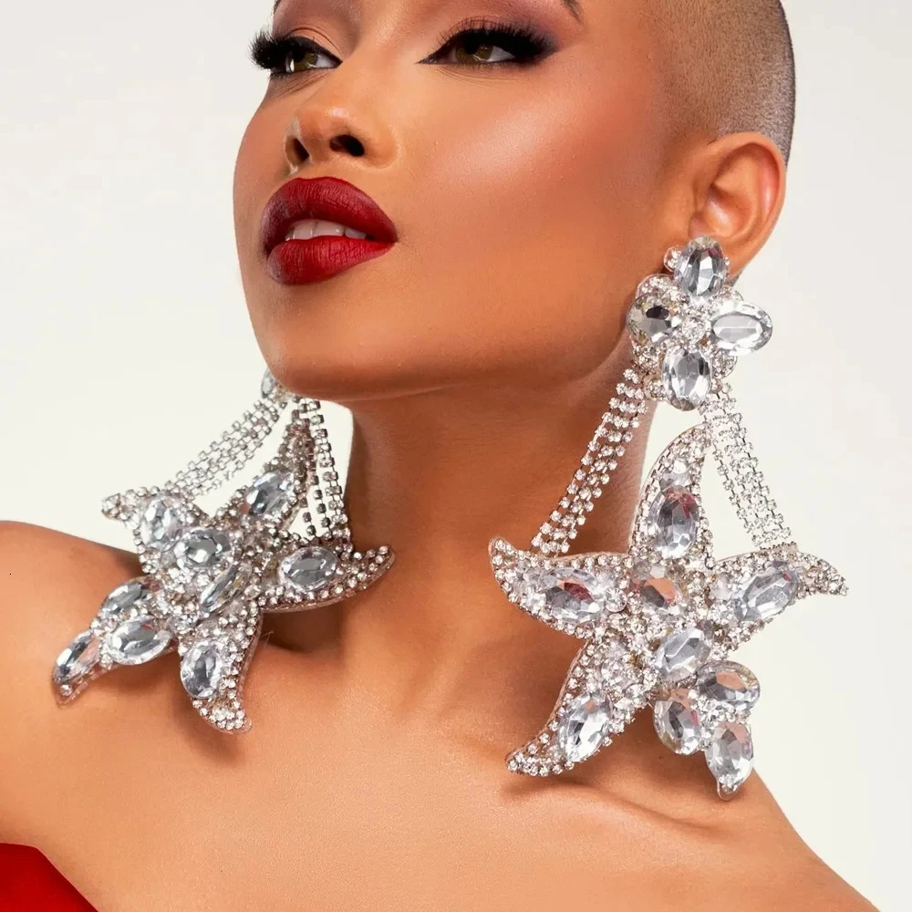 Rhinestone Exaggerated Starfish Earrings Oversize for Women Geometric Crystal Dangle Earrings Party Jewelry 250519