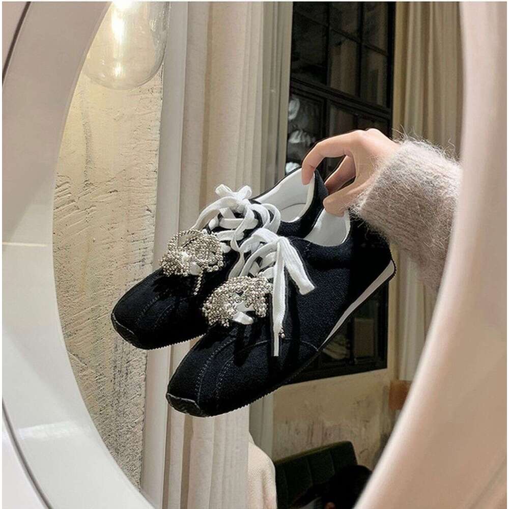 Cowhide Version Su Yinyin Same Style Square Toe Pearl Butterfly Shoelace Casual Sports German Training Women's Agan Shoes