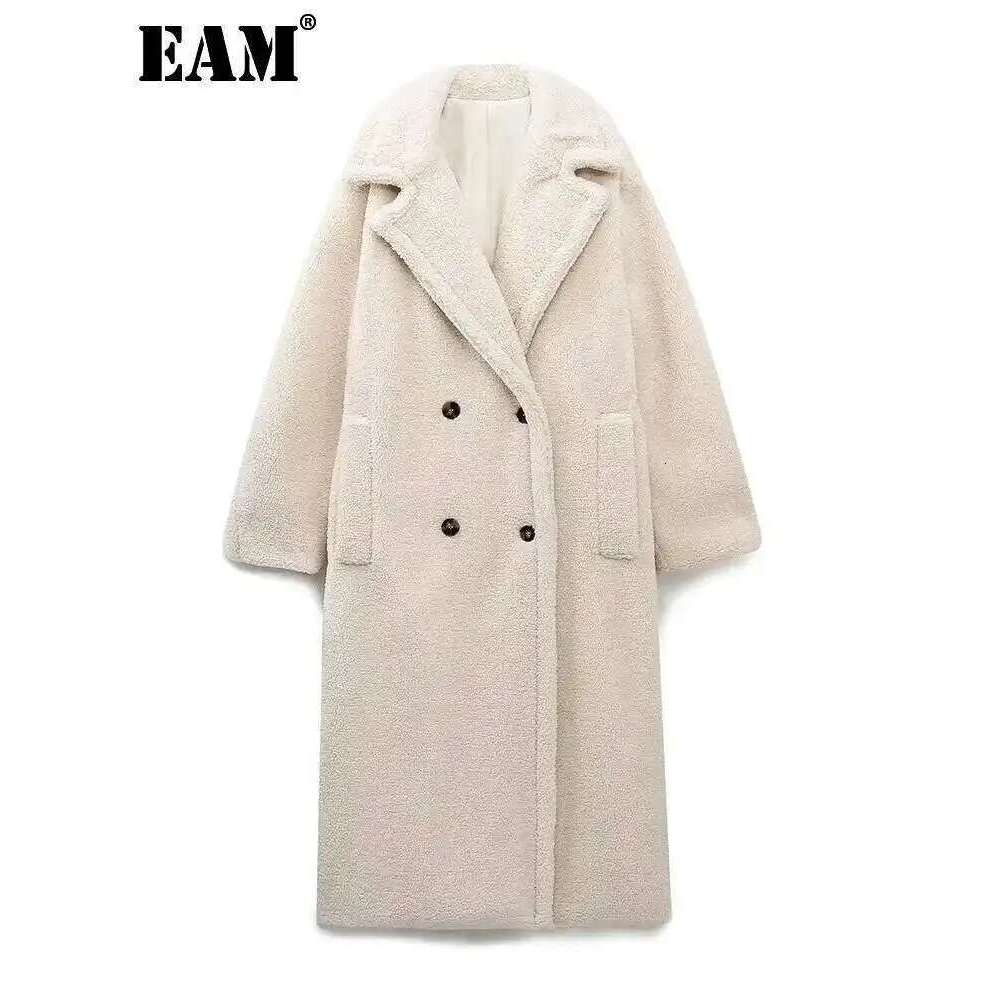 EAM Beige Big Size Thick Lamb Wool Jacket Loose Fit New Lapel Long Sleeve Women Coat Fashion Tide Spring Autumn 2025 30A2929