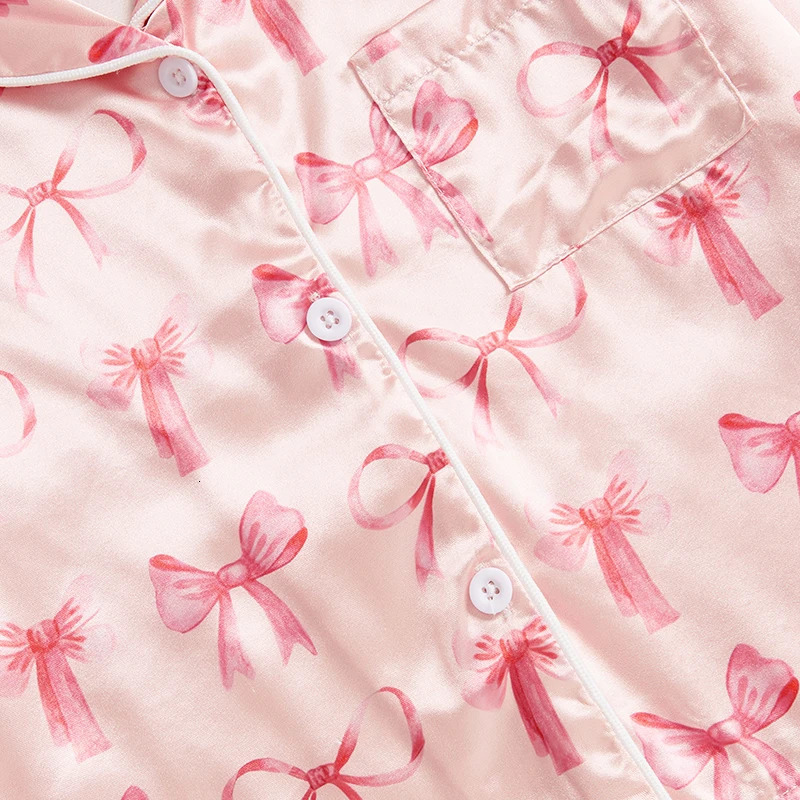 Adorable Baby Girl Silk Pajama Set with Cute Bow Print Stylish Long Sleeve Lapel Button Down Shirt and Matching Pants for Cozy 250527