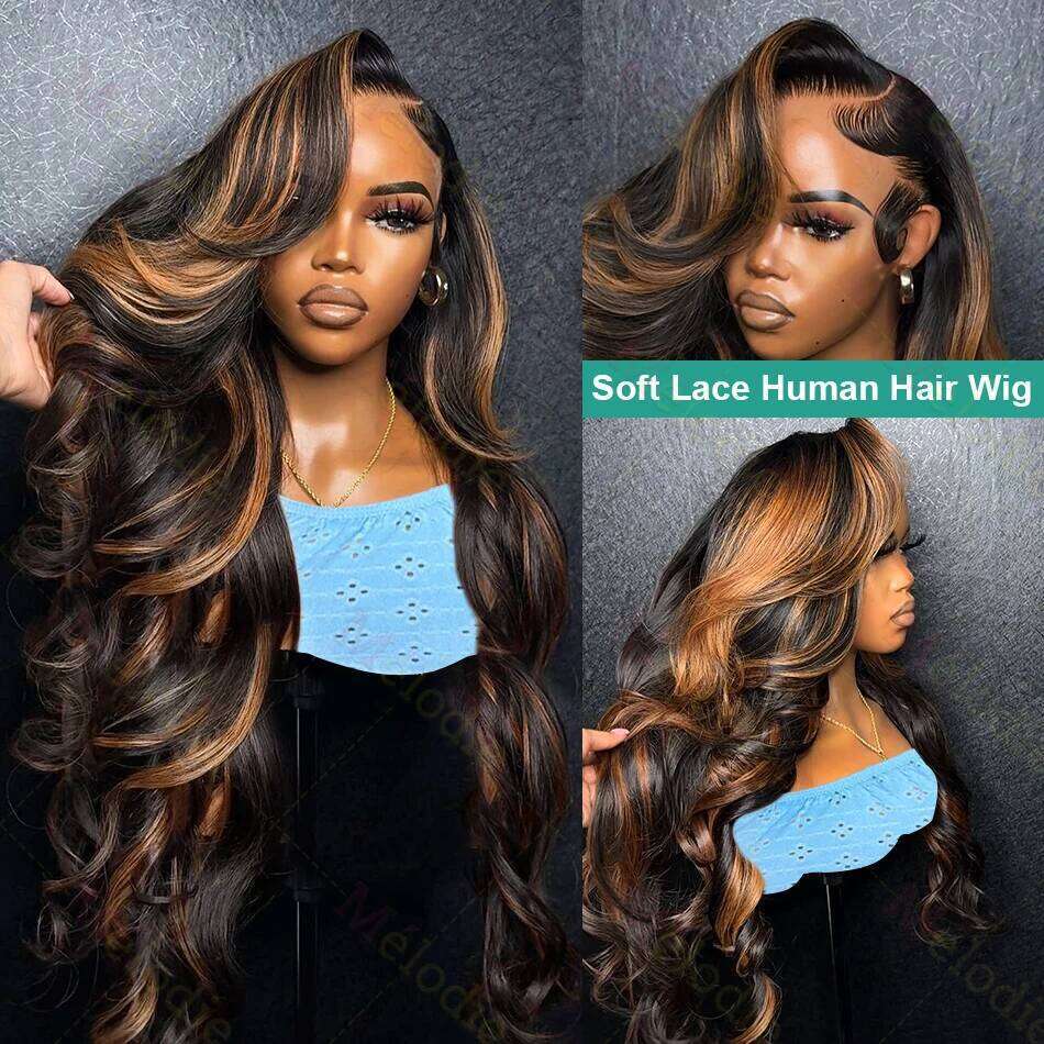 1B/30 Body Wave Highlight Human 30 Inch 13x4 HD Lace Frontal 200 Density Natural Brazilian Hair Wig For Black Women
